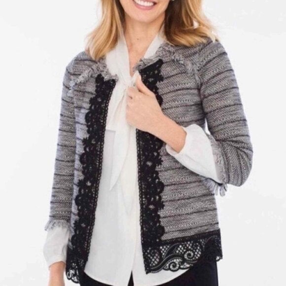 Chico’s Fringe Lace Trim Tweed Boucle Open Jacket Sz 1 (M/8) Black Gray #105B - Picture 1 of 10